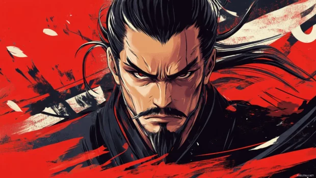 A cool Japanese samurai portrait wallpaper with dynamic pose and fierce expression.