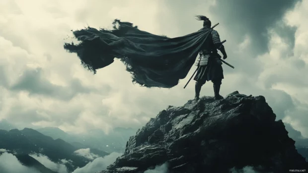 A cool Japanese samurai standing on a mountain peak with the wind blowing his cloak dramatically.