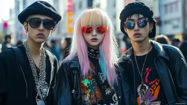 A cool Japanese street fashion wallpaper capturing trendy youth in Shibuya.
