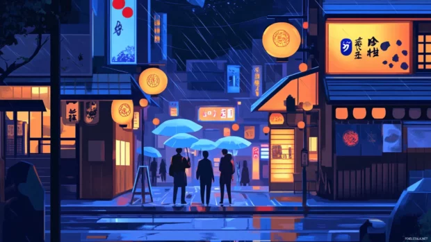 A cool Japanese street scene at night with glowing neon signs and stylish people walking under umbrellas.