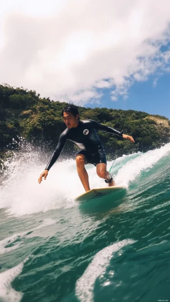 A cool Japanese surfer riding a perfect wave along the Okinawa coastline.