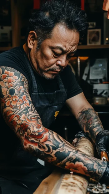 A cool Japanese tattoo artist working on an intricate sleeve design in a stylish studio.