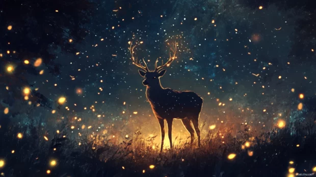 A cool deer under a starlit sky surrounded by fireflies.
