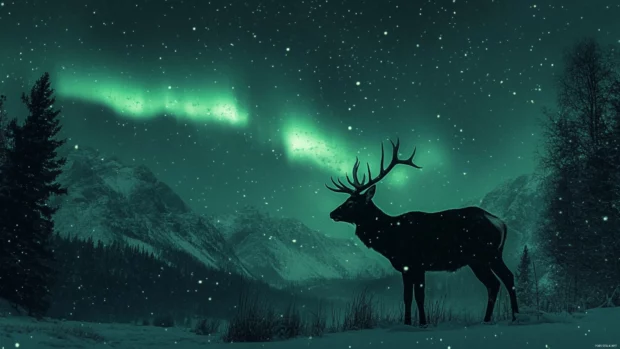 A cool deer under the northern lights with snow gently falling.