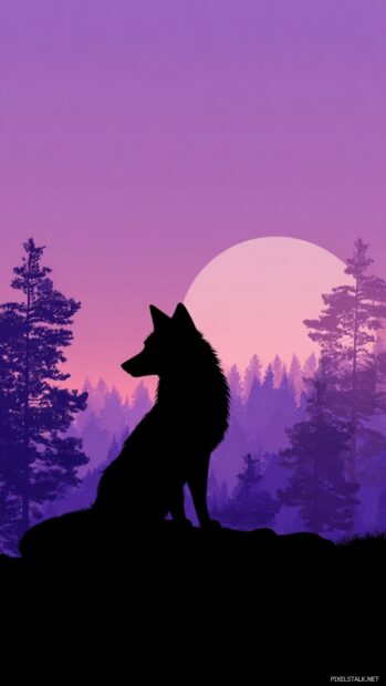 A cool fox phone wallpaper showcasing a sleek fox in forest silhouette during a purple sunset sky.