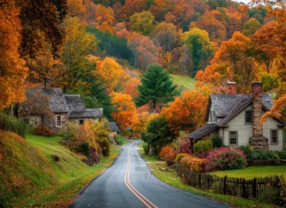 A countryside road surrounded by Beautiful Fall foliage, with cozy cottages nestled among the colorful trees.