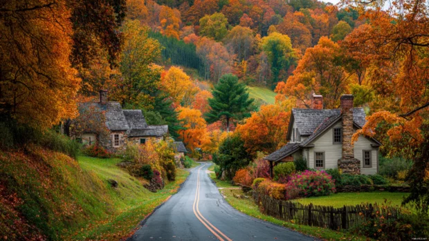 A countryside road surrounded by Beautiful Fall foliage, with cozy cottages nestled among the colorful trees.