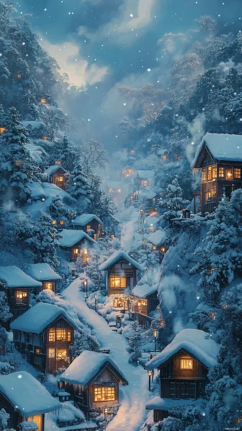 A cozy Japan village blanketed in fresh snow with tiny glowing windows and curling smoke.