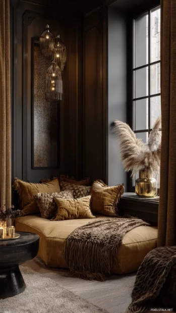 A cozy Luxury corner with plush pillows, golden decor and warm layered textures.