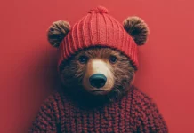 A cozy Teddy Bear in the center with solid color background.