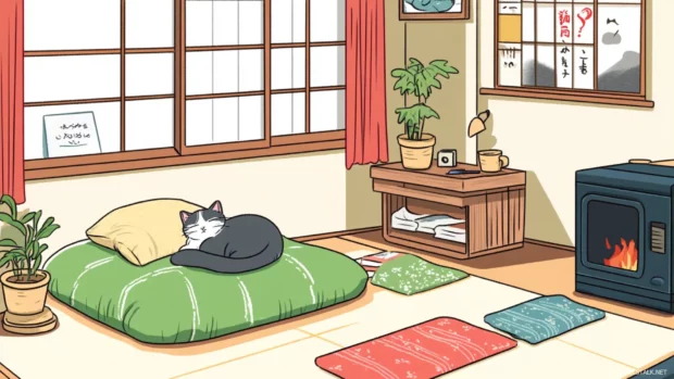 A cozy anime room with Japanese decor and a cute cat curled up on the futon.
