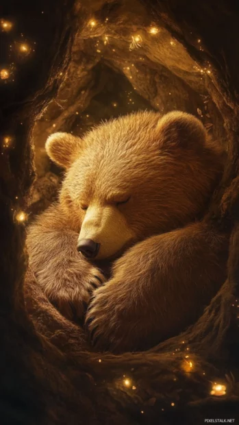 A cozy bear curled up in a den with delicate warm lighting all around.