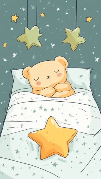 A cozy bed with pillows shaped like stars and Cute Bear tucked in.