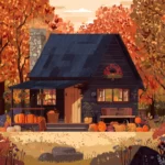 A cozy cabin in the woods preparing for Thanksgiving surrounded by rich fall foliage and seasonal decorations.