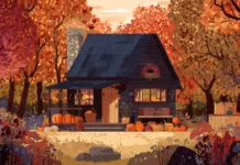 A cozy cabin in the woods preparing for Thanksgiving surrounded by rich fall foliage and seasonal decorations.