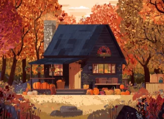 A cozy cabin in the woods preparing for Thanksgiving surrounded by rich fall foliage and seasonal decorations.