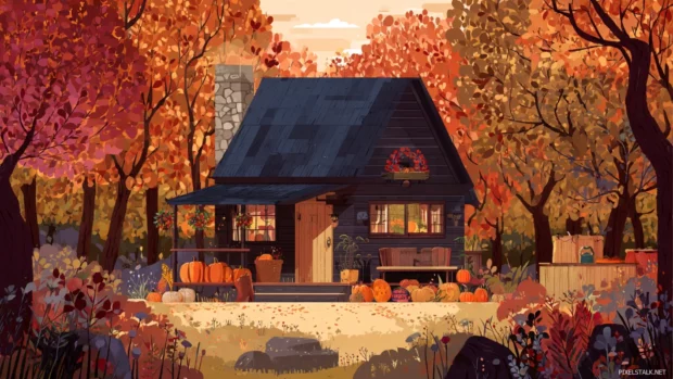A cozy cabin in the woods preparing for Thanksgiving surrounded by rich fall foliage and seasonal decorations.