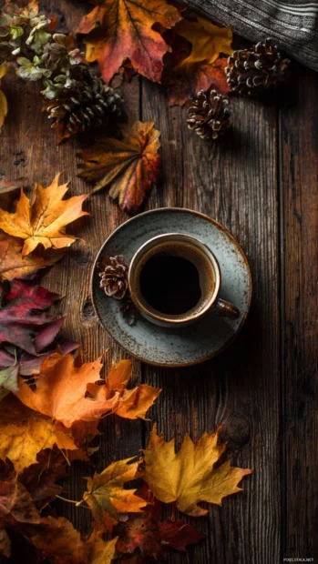 A cozy coffee scene on a wooden table scattered with vibrant fall colors from freshly fallen leaves.