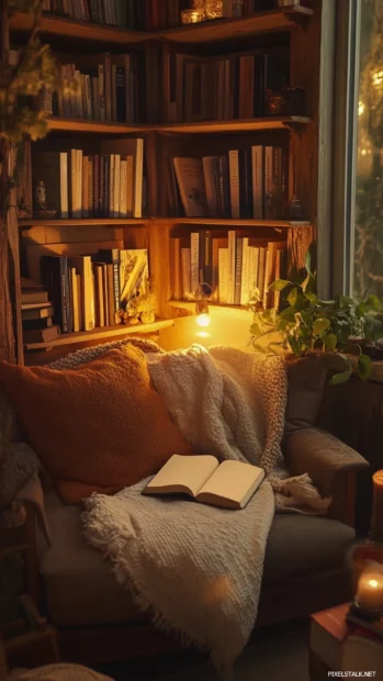A cozy corner captured for a book wallpaper for iPhone, complete with warm tones and stacked novels.