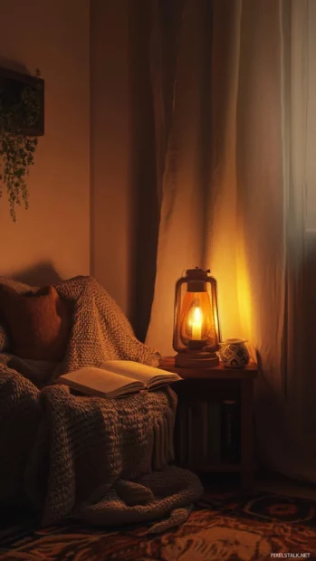 A cozy corner with a blanket, a Book, and a glowing lamp.