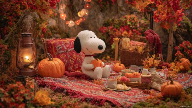 A cozy fall picnic scene with Snoopy enjoying warm pumpkin treats under vibrant autumn foliage.