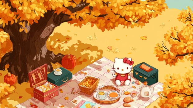 A cozy fall picnic with Hello Kitty under a tree filled with golden leaves.