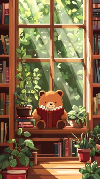 A cozy library corner with a Cute Bear reading books.