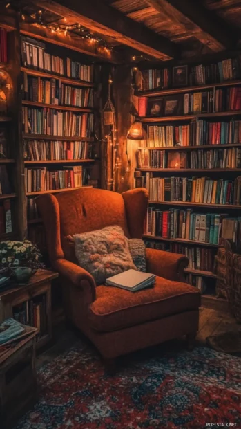 A cozy library nook with a book iPhone scene captured through soft warm lighting.