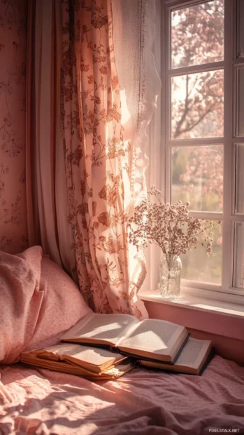 A cozy pink toned bedroom scene styled with vintage book aesthetic wallpaper and sunlight through curtains.