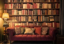 A cozy reading nook featuring a vintage bookshelf wallpaper adorned with antique books and a warm ambiance.