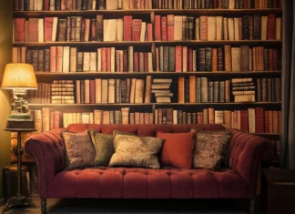 A cozy reading nook featuring a vintage bookshelf wallpaper adorned with antique books and a warm ambiance.