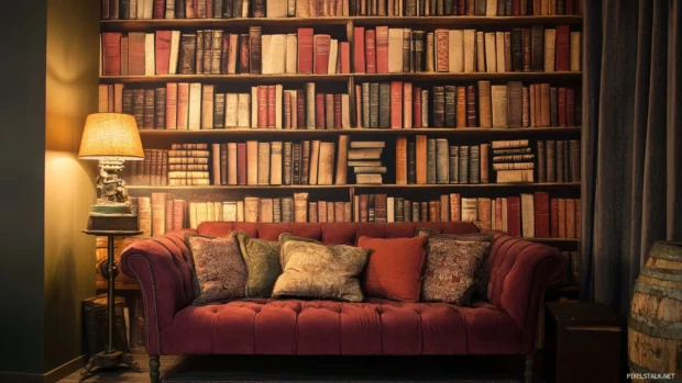 A cozy reading nook featuring a vintage bookshelf wallpaper adorned with antique books and a warm ambiance.
