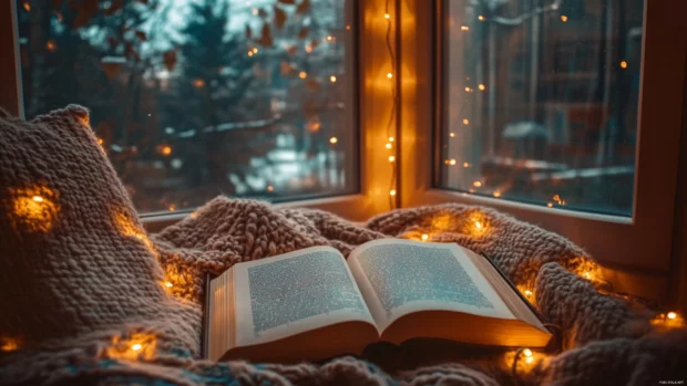 A cozy reading space filled with warm tones, fairy lights, and an open book on a blanket, a perfect book lover wallpaper aesthetic.