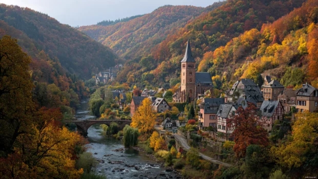 A cozy village surrounded by hills covered in the brilliant fall colors of late autumn, perfect for a seasonal walk.