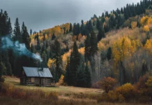 A cozy wooden cabin nestled among Beautiful Fall trees with smoke rising gently from the chimney.