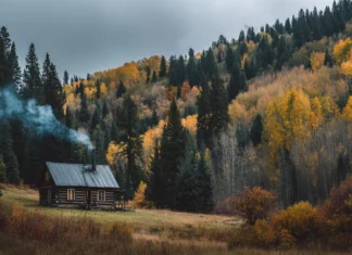 A cozy wooden cabin nestled among Beautiful Fall trees with smoke rising gently from the chimney.