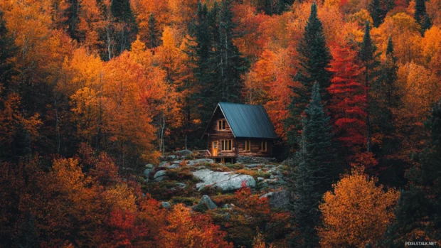 A cozy wooden cabin nestled deep in a fall forest, surrounded by glowing orange and red foliage.