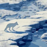 A crisp arctic fox mobile wallpaper showing a fox walking along a frozen stream lined with icy stones.