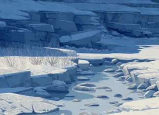 A crisp arctic fox mobile wallpaper showing a fox walking along a frozen stream lined with icy stones.