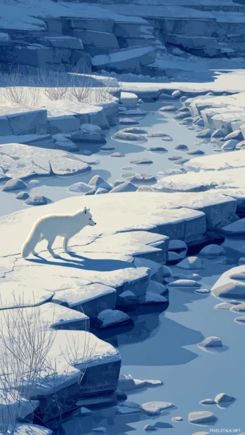 A crisp arctic fox mobile wallpaper showing a fox walking along a frozen stream lined with icy stones.