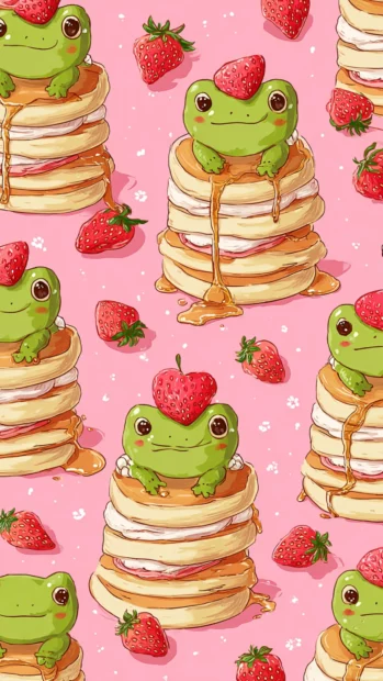 A cuddly Kawaii Frog Wallpaper with frogs stacked like pancakes with syrup and strawberries on top.
