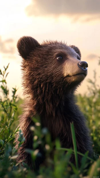 A curious bear cub sniffing the air in a green field, photo realistic detail.