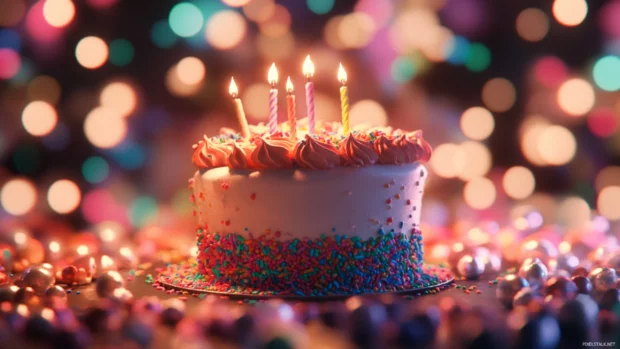 A cute Birthday Cake surrounded by colorful sprinkles and soft lighting.