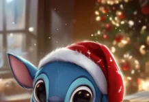 A cute Stitch dressed as an elf making Christmas cookies, sweet Stitch holiday setting.