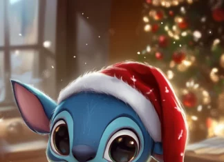 A cute Stitch dressed as an elf making Christmas cookies, sweet Stitch holiday setting.