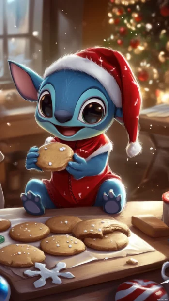 A cute Stitch dressed as an elf making Christmas cookies, sweet Stitch holiday setting.