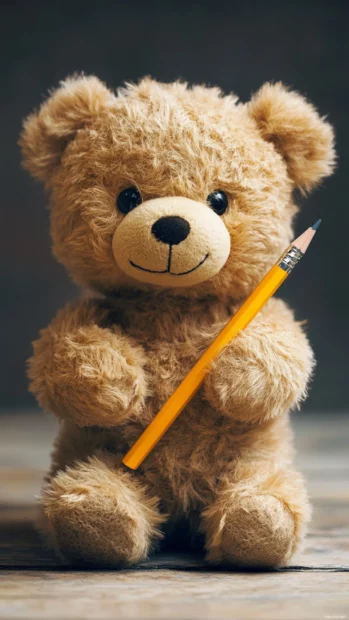 A cute Teddy Bear holding a pencil with a minimal background.