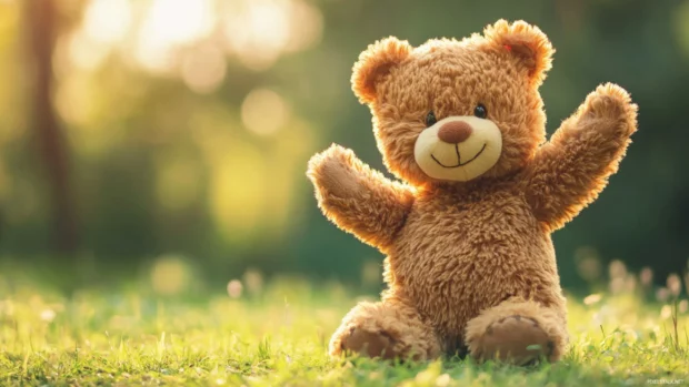 A cute Teddy Bear waving with minimal backdrop.