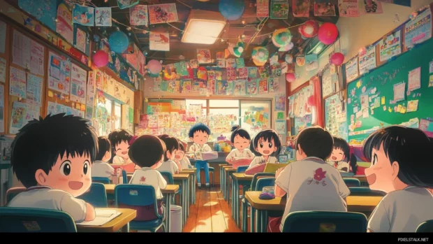 A cute anime classroom filled with colorful decorations and smiling students in Japan.