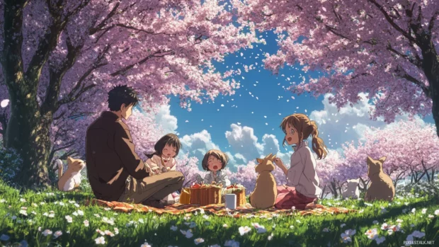 A cute anime family picnic under a field of cherry blossoms with tiny animals joining in.